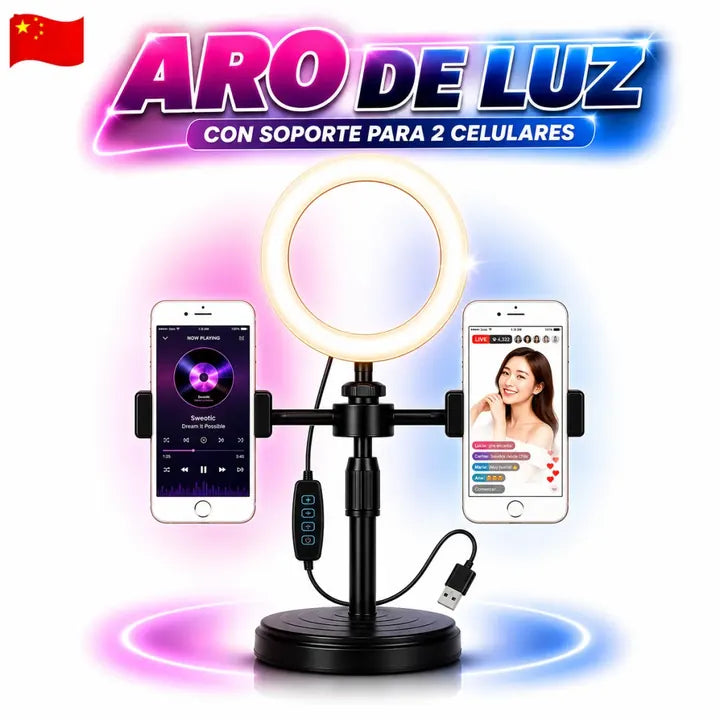 Aro de luz Tik Tok con Soporte para 2 Celulares